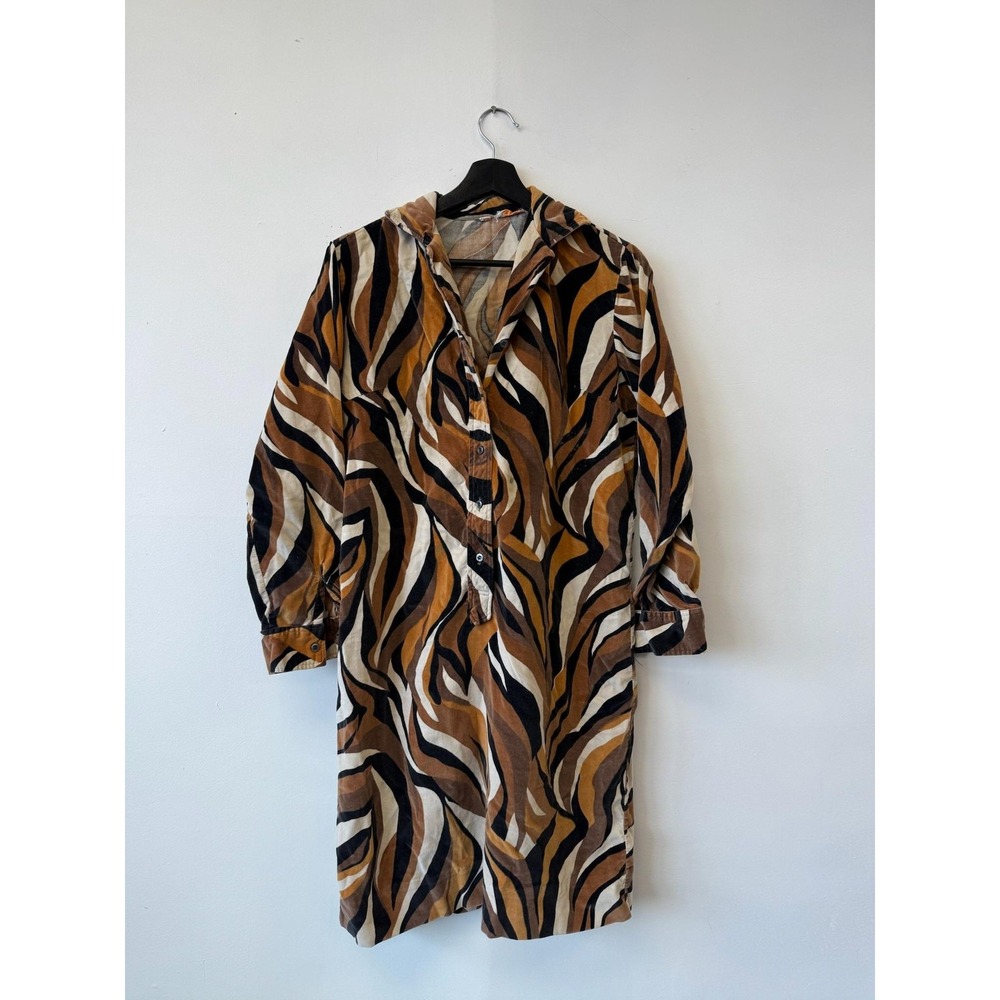 Vintage Key Largo Mod Animal Camo‎ Printed Shirt Dress Heavy Cotton 60s 70s